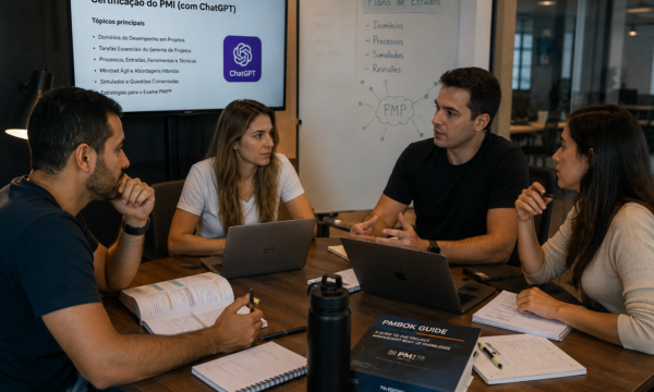 Grupo de profissionais estudando em equipe para certificações PMP, utilizando notebooks, materiais do PMBOK e ferramentas de IA em ambiente corporativo moderno.