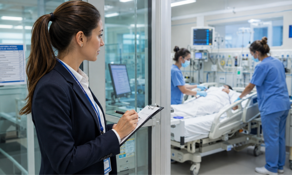 Auditora interna realiza avaliação em ambiente hospitalar, observando procedimentos assistenciais e registrando evidências de conformidade com a ISO 7101 - Auditor Interno.