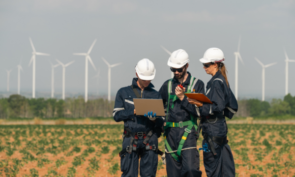 Profissionais analisam dados em campo de energia renovável, com aerogeradores ao fundo, representando a atuação estratégica nos Mercados de energia.