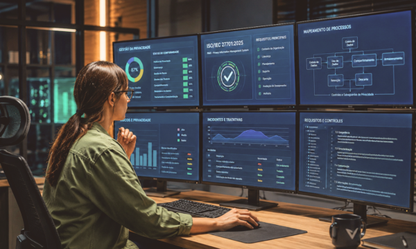 Profissional monitora indicadores de privacidade, conformidade e gestão de dados em painéis digitais relacionados aos requisitos da ISO/IEC 27701:2025.
