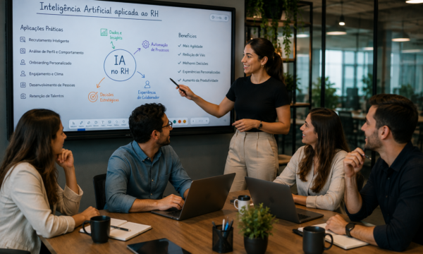 Profissionais em reunião estratégica sobre inteligencia artificial RH, utilizando painel interativo para discutir automação de processos, recrutamento inteligente, análise de dados e desenvolvimento de pessoas em ambiente corporativo moderno.