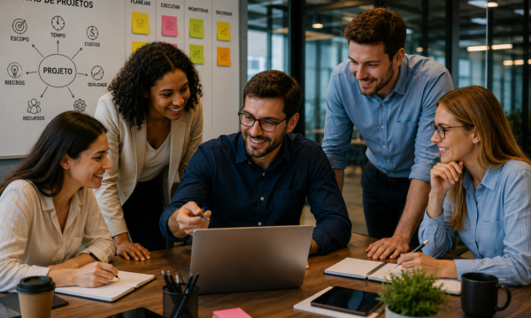 Equipe de profissionais reunida em uma sala corporativa moderna, colaborando em uma atividade de planejamento e tomada de decisão. A cena representa o desenvolvimento de hard skills para gestão de projetos, com foco em estratégia, análise de riscos, cronograma, custos e execução de projetos.
