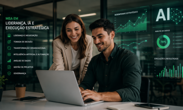 Equipe analisa informações estratégicas em um escritório inovador, ilustrando a aplicação de inteligência artificial e liderança no MBA em Liderança, IA e Execução Estratégica.