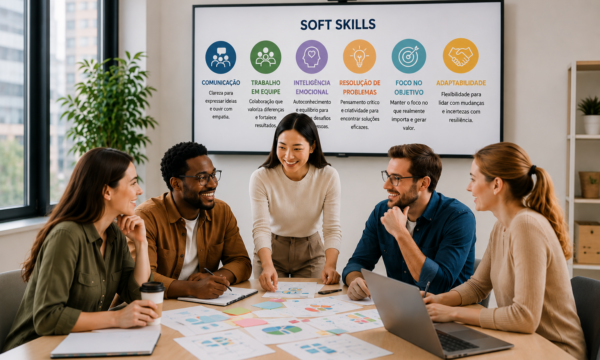 Equipe multidisciplinar reunida em ambiente corporativo colaborativo, discutindo estratégias, comunicação e liderança durante atividade de Soft Skills para Gestão de Projetos.