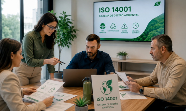 Profissionais reunidos em uma sala de reuniões analisam indicadores e documentos de gestão ambiental durante uma discussão estratégica sobre a ISO 14001, com foco em sustentabilidade, conformidade ambiental, gestão de riscos e melhoria contínua.