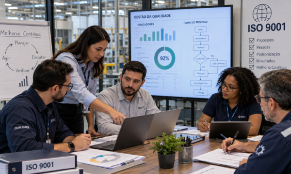 Profissionais analisando as transcrições da ISO9001.